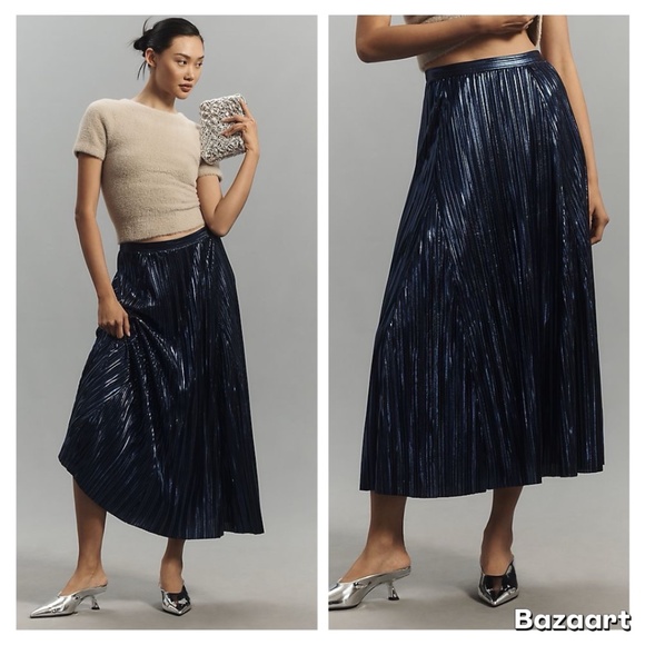 NWT By Anthropologie Metallic Pleated Midi Skirt Black Sz S